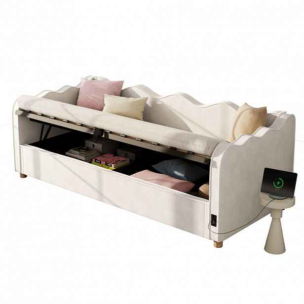 CHICFURN DĚTSKÁ POSTEL 90/200 cm v béžové barvě s úložným prostorem, USB a Type-C