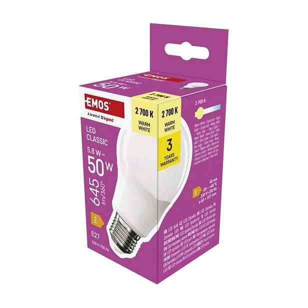 EMOS LED ŽÁROVKA CLASSIC A60/E27/5,8W(50W)/645LM/TEPLÁ