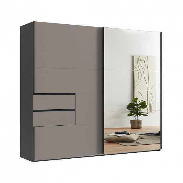 luma-home SKŘÍŇ S POSUVNÝMI DVEŘMI, 2dveřová, 250 × 216 × 65 cm (Š×V×H), korpus v barvě grafit, dveře a zásuvky v barvě pískově šedé / zrcadlové / 220