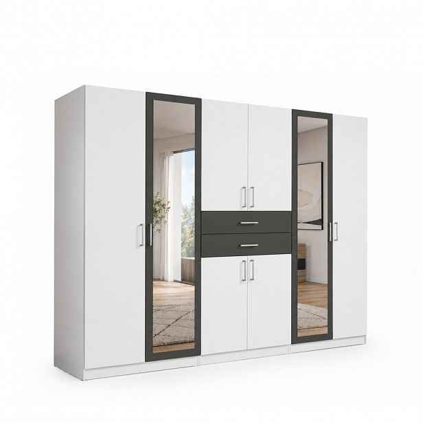 luma-home SKŘÍŇ S OTOČNÝMI DVEŘMI Š270/V208/H58 cm, bílá s grafitovými akcenty, se 2 zrcadlovými dveřmi a zásuvkami / 22594