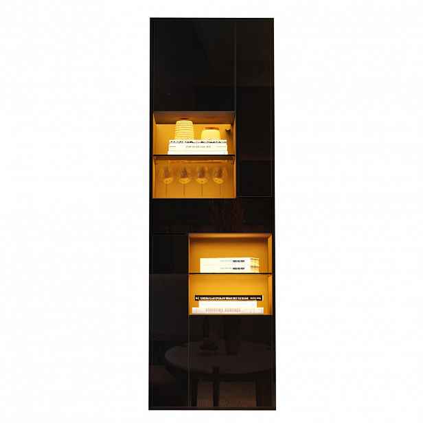 Modfu VITRÍNA z dřevotřísky 55x170x38 cm černá s LED osvětlením, zásuvkou, nastavitelnými policemi a vysokým leskem