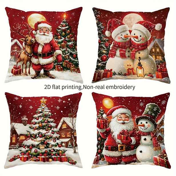 TEMU 2D ploché - 4 ks roztomilých povlaků na polštáře s potiskem sobů, sněhuláků a Santa , moderní vánoční dekorace, zapínání na zip, jednostranný