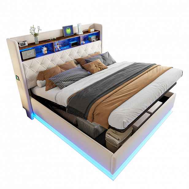 WISHDOR ČALOUNĚNÁ POSTEL 180x200 cm béžová s lněným vzhledem, úložným prostorem, LED osvětlením a USB portem