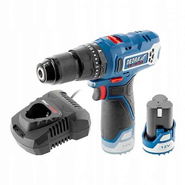 Dedra aku příklepová vrtačka 12V/2Ah, 32Nm, 0-400/1300 ot./min., nabíječka