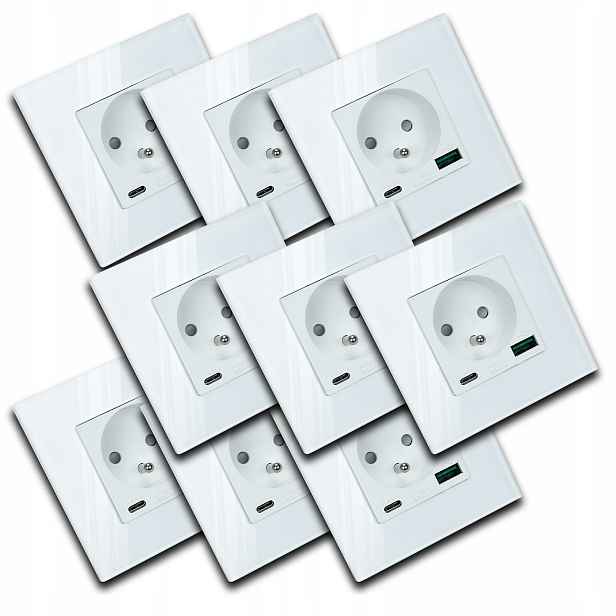 9x Moderní Bílé Elektrické Zásuvky Sklo S Vestavěnou Usb Nabíječkou