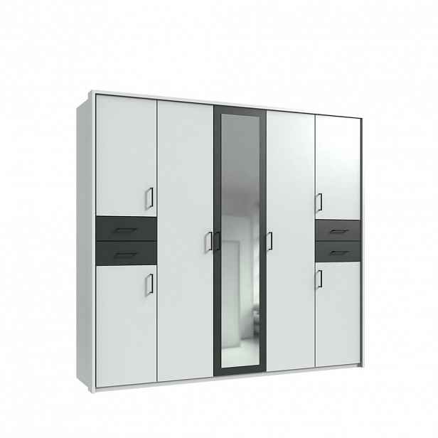luma-home SKŘÍŇ S OTOČNÝMI DVEŘMI Š228/V210/H58 cm, v bílé barvě s grafitovými akcenty, s paspartou, 1 zrcadlovými dveřmi a zásuvkami, černé úchytky /
