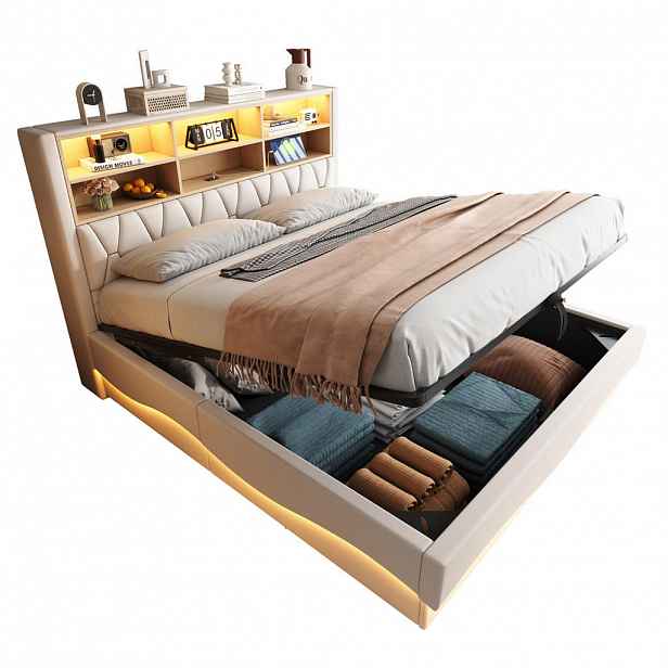 WISHDOR ČALOUNĚNÁ POSTEL 180x200 cm béžová s lněným vzhledem, úložným prostorem, LED osvětlením a USB portem