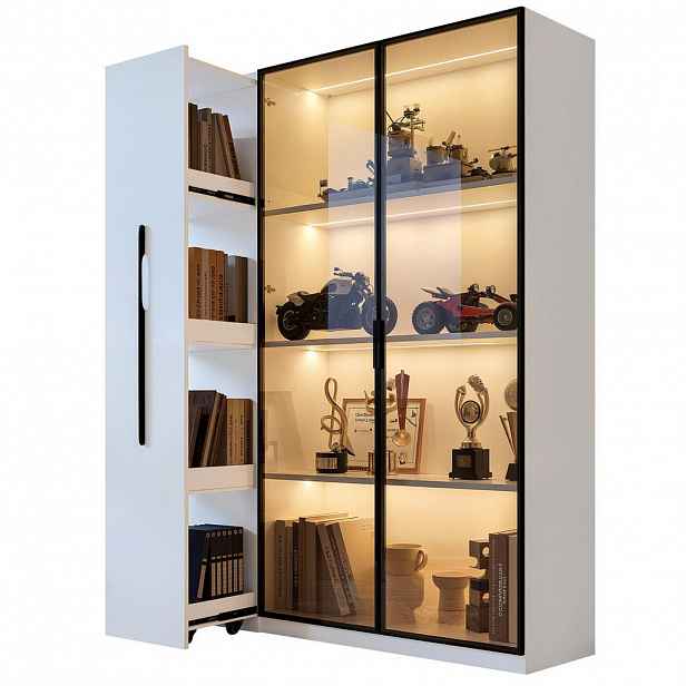 Modfu VITRÍNA z MDF 110,5x35x160 cm bílá s LED osvětlením, bočním výsuvem a tónovaným sklem