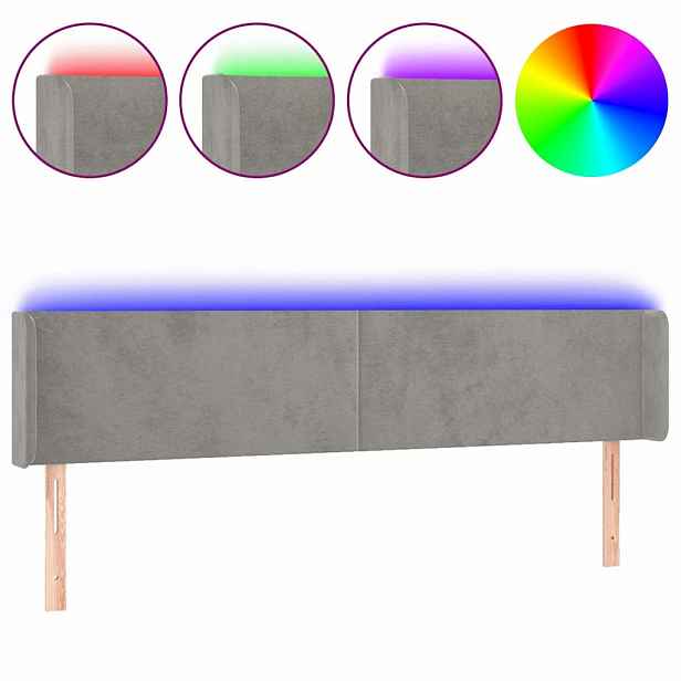 vidaXL Čelo postele s LED světle šedé 203 x 16 x 78/88 cm samet
