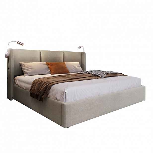 CHICFURN ČALOUNĚNÁ POSTEL 180/200 cm v béžové barvě s úložným prostorem, LED lampičkou a USB