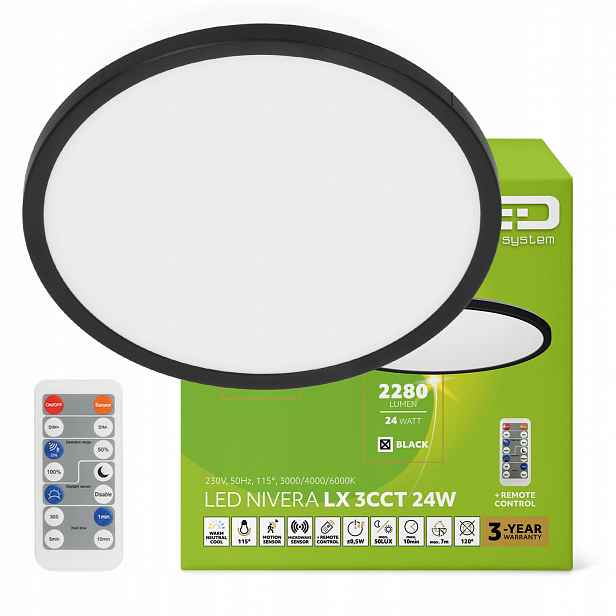 stropní svítidlo Led 24W IP54 s pohybovým a soumrakovým senzorem, 3 barvy světla