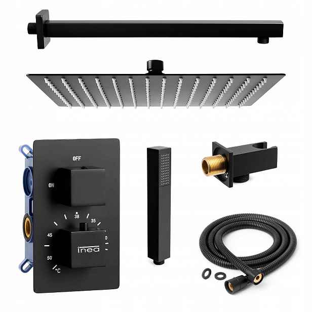 Podomítkový Sprchový Set Černý S Termostatem A Velkou Dešťovou Sprchou 30 CM