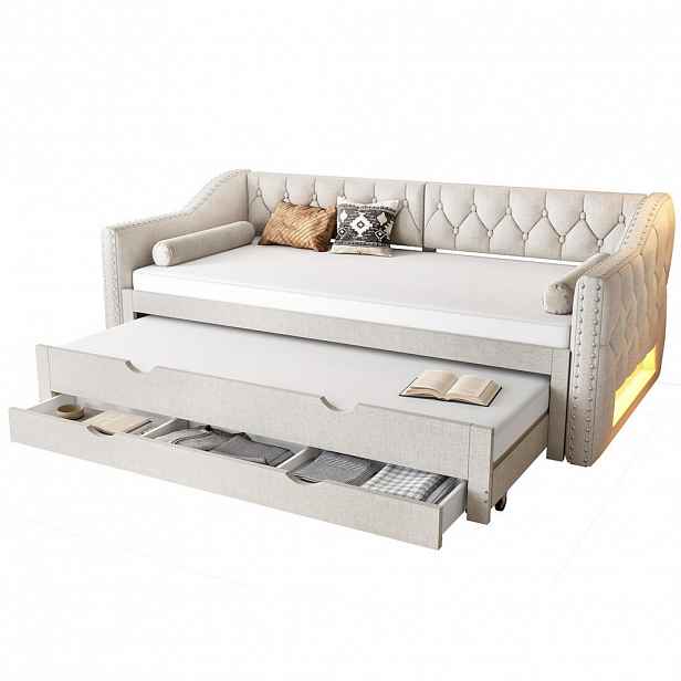 CHICFURN DENNÍ POSTEL 90/200 cm v béžové barvě s LED osvětlením, výsuvným lůžkem a 3 zásuvkami