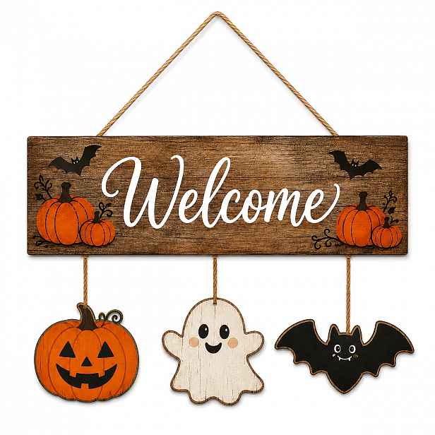 TEMU 2D plochá sada 4 ks dřevěných dekorací na zeď s Halloweenu, dekorace na dveře s dýně a ozdoby s netopýry, dekorace na zeď ve stylu venkovské ,