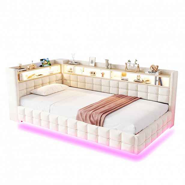 WISHDOR ČALOUNĚNÁ POSTEL 90x200 cm v Béžové Sametové látce s Úložným Prostorem, Regálem, LED a USB