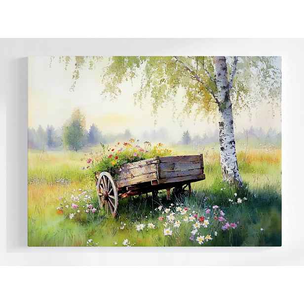 Plakát Krajina Dřevo Bříza Dřevěný Vozík Květiny 100x75