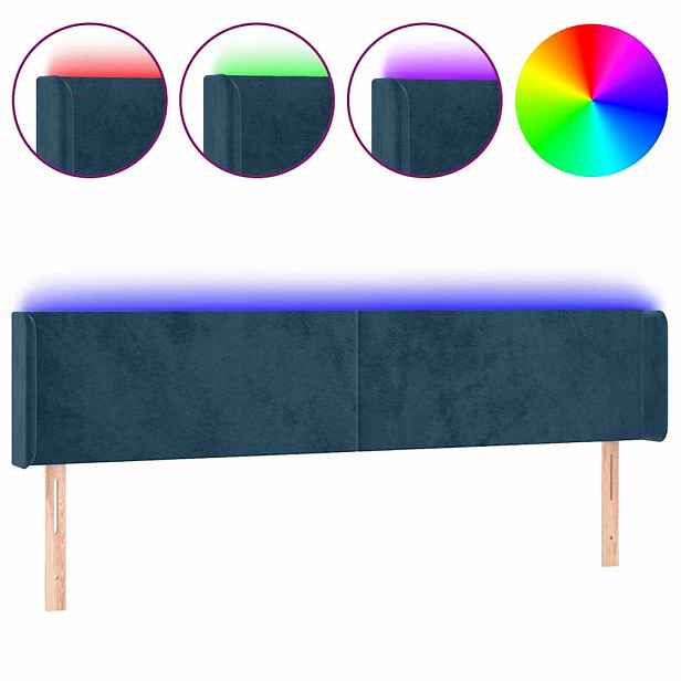 vidaXL Čelo postele s LED tmavě modré 203 x 16 x 78/88 cm samet