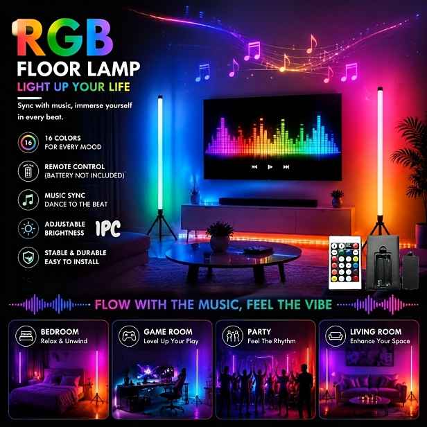 TEMU 1 ks (Dálkové ovládání X1 a RGB podlahová lampa X1), 16 RGB LED podlahová lampa, chytré stojací ambientní světlo, moderní dekorativní náladové