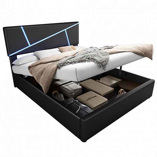 CHICFURN ČALOUNĚNÁ POSTEL v černé barvě s LED osvětlením a úložným prostorem