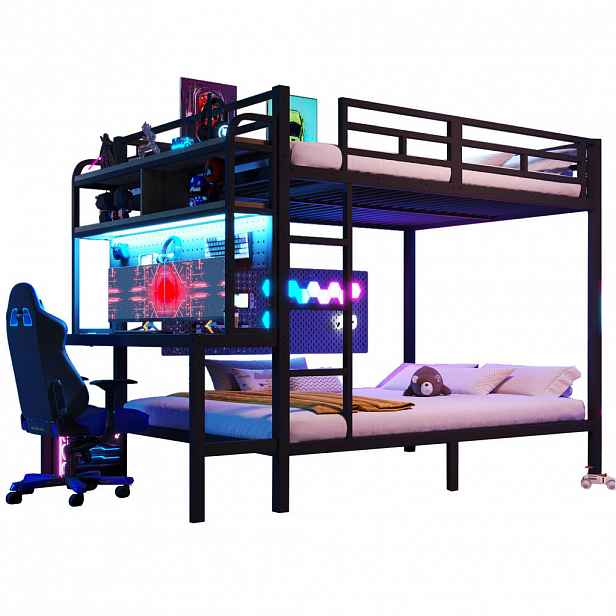 Modfu PATROVÁ postel z kovu a MDF 140x200 cm černá s psacím stolem, LED světelným pásem, USB portem, žebříkem a zábranami