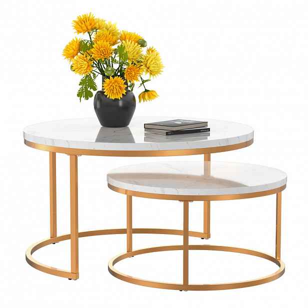 OKWISH KULATÁ sada dvou konferenčních stolků bílá a zlatá s pevným železným rámem a deskou MDF 80/80/45 + 60/60/33,5 cm