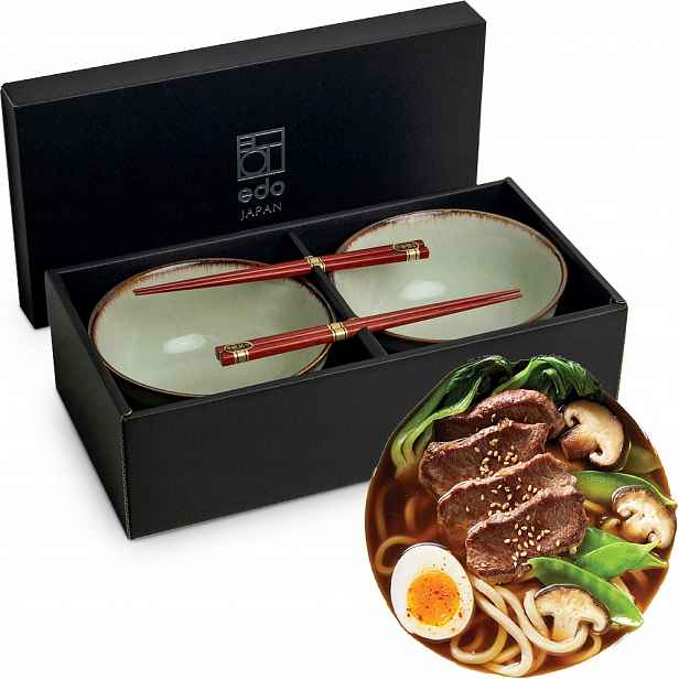 Sada zelených misek 17 cm na těstoviny Udon s tyčinkami Wasabi Edo