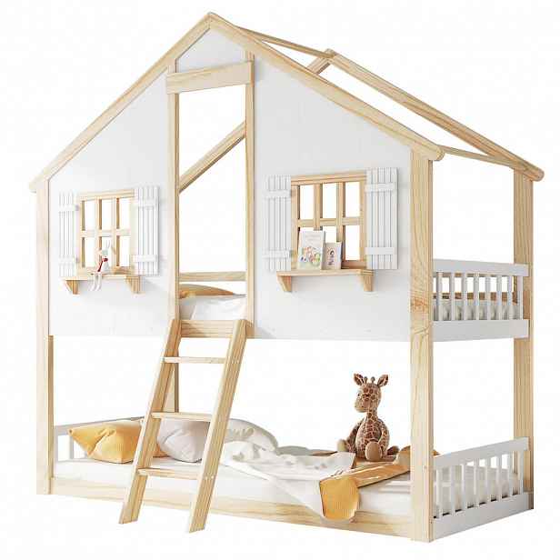 CHICFURN PATROVÁ POSTEL 90/200 cm & 90/200 cm v bílé a přírodní barvě se střechou