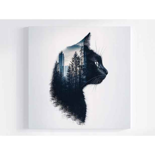 Obraz Na Plátně Canvas Grafika Černá Kočka Profil Město Les Stromy 50x50