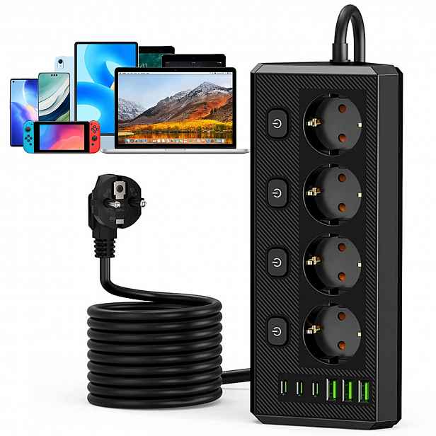 Prodlužovací Kabel Protipřepěťová Lišta 4 Zásuvky 6 Usb Portů 4 Vypínače