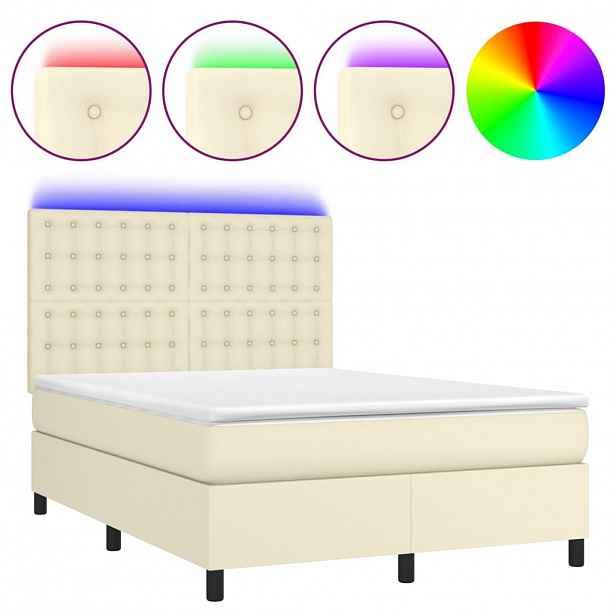 vidaXL Box spring postel s matrací a LED krémová 140x190 cm umělá kůže