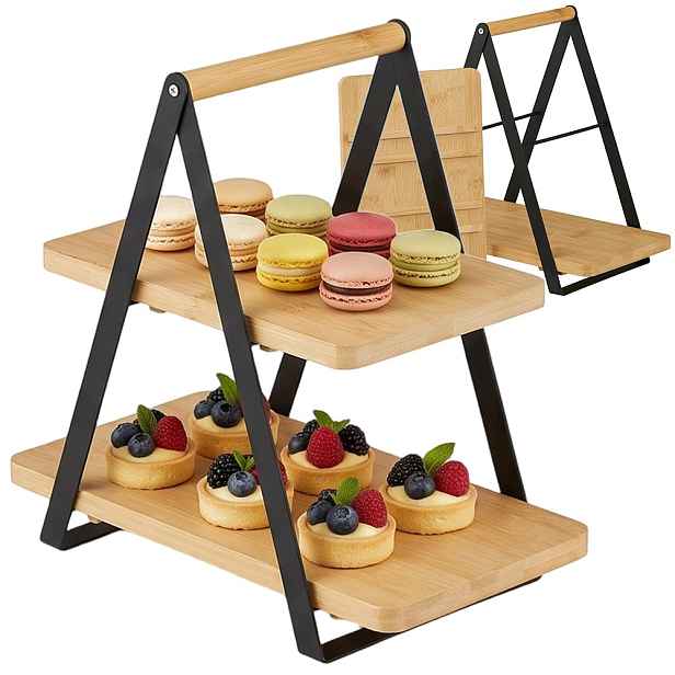 Podnos Bambusová 2-patrová kovová stojan na koláče Sušenky Ovoce Snacky