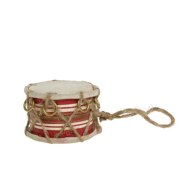 Červeno-bílý vánoční dřevěný bubínek s kůží Drum Vintage - Ø 6*4cm Chic Antique