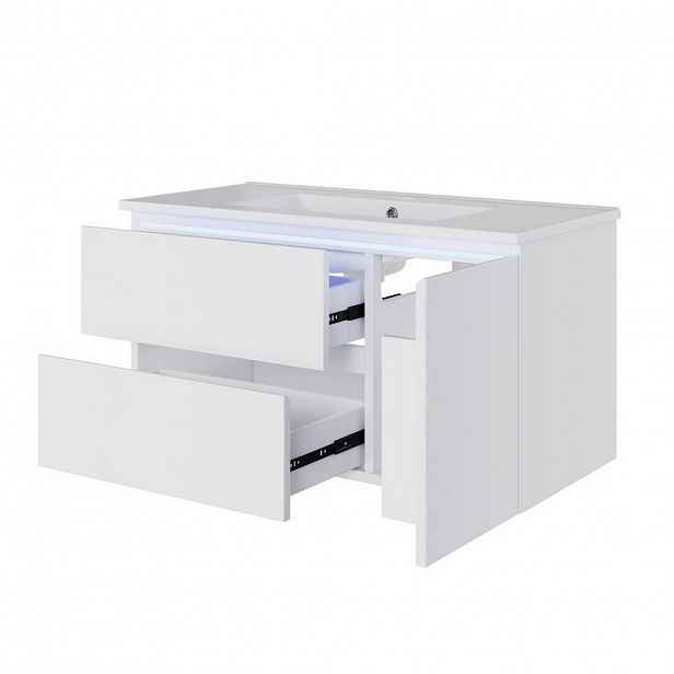 Modfu ZÁVĚSNÁ skříňka pod umyvadlo z MDF a keramiky 91,5x46,5x50,5 cm bílá s LED senzorem, 2 zásuvkami a dvířky