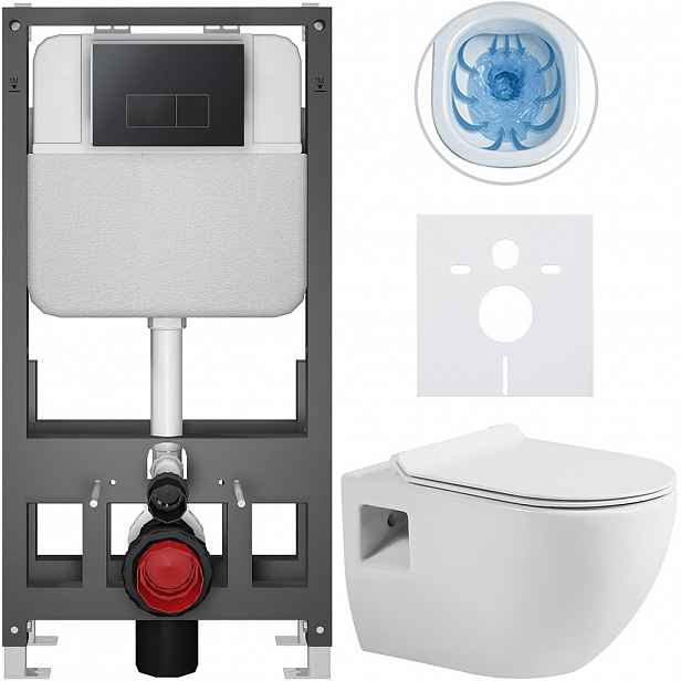 Kompletní WC set Basic/Dure - bílá lesklá - WC tlačítko Modulo/Černá - volně stojící - předstěnová instalace - 51x35 cm