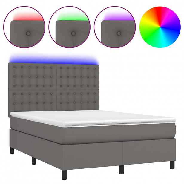 vidaXL Box spring postel s matrací a LED šedá 140x190 cm umělá kůže