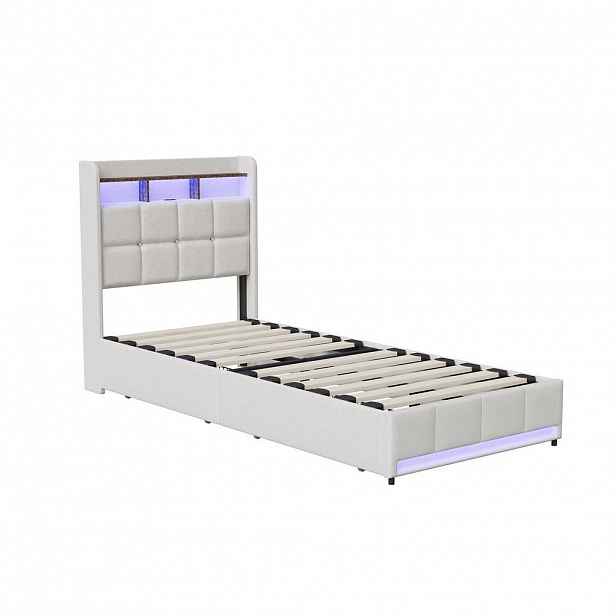 SHOPENTRA ČALOUNĚNÁ postel 90×200cm béžová, len, 2 zásuvky, USB, LED