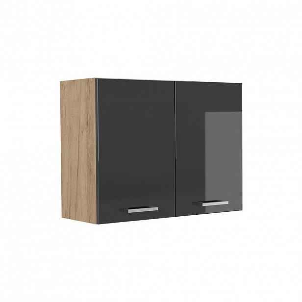 Vicco SKLENĚNÁ KUCHYŇSKÁ SKŘÍŇKA R-Line, Antracitový vysoký lesk/Zlatý mocný dub, 80 cm