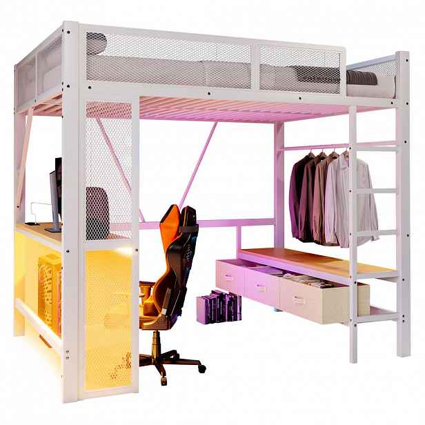 OKWISH PATROVÁ postel 140/200 cm bílá z kovu a MDF s LED, USB a psacím stolem