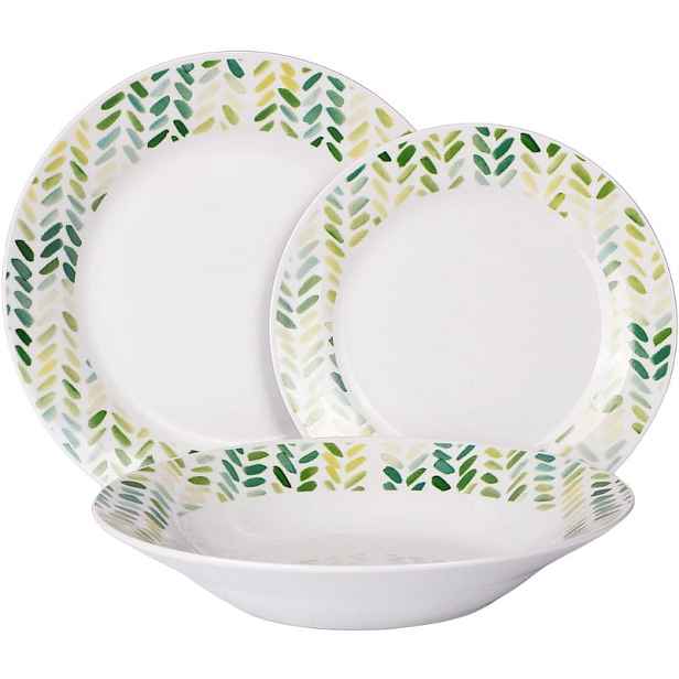 VERONI - Talíř sada Wenus 18dílná zelené lístky, porcelán