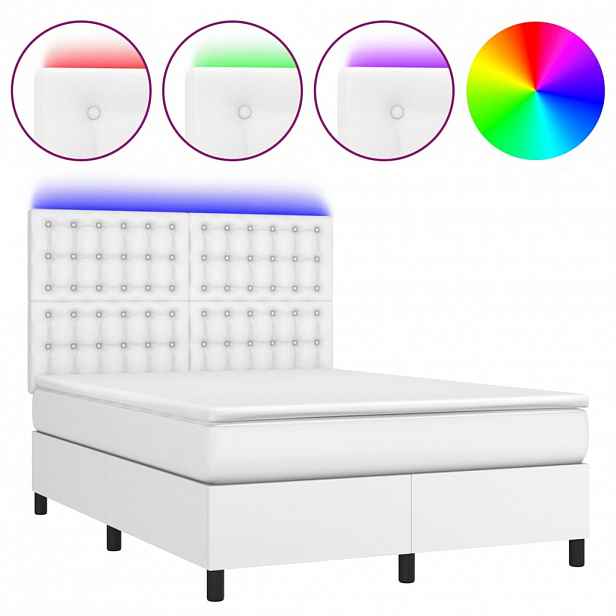 vidaXL Box spring postel s matrací a LED bílá 140x200 cm umělá kůže