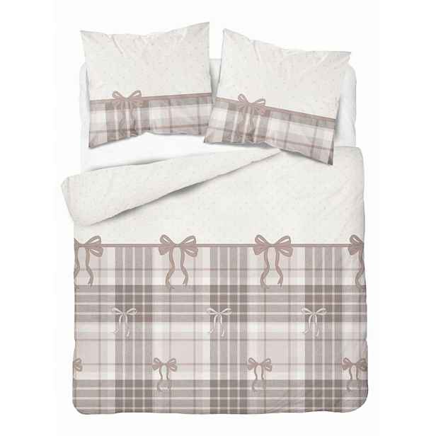 Povlečení saténové vánoční Home Satin 220x200 bílo-béžové s motivem mašlí a kostky