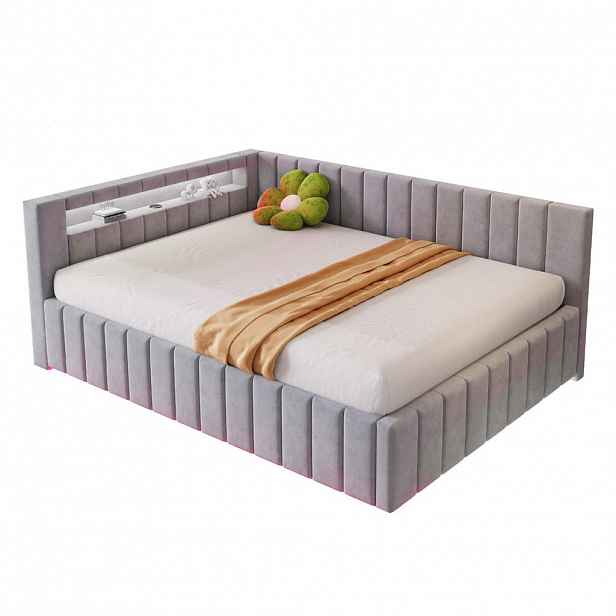 WISHDOR ČALOUNĚNÁ POSTEL 140x200 cm ve Světle Šedém Sametu s Úložným Boxem, LED a USB
