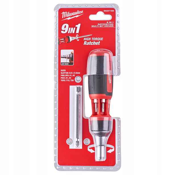 Šroubovák multi 9v1 s ráčnou a bity Ph, Pz, Tx, plochý Milwaukee
