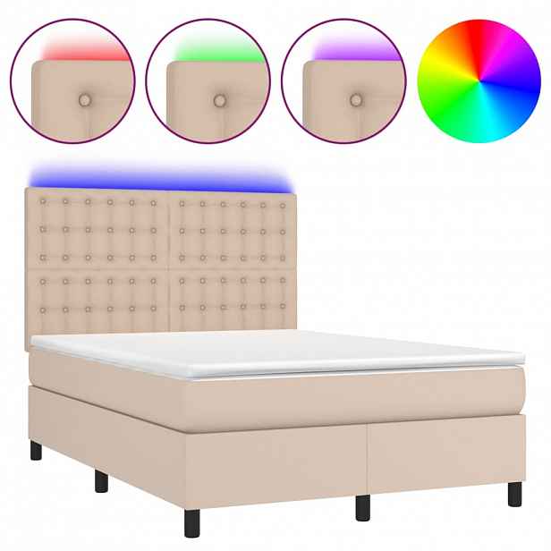 vidaXL Box spring postel matrace a LED cappuccino 140x200cm umělá kůže