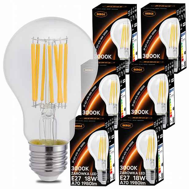 Led žárovka E27 18W 150W 1980lm 3000K Teplá žárovka Loft A70 Sada 6x