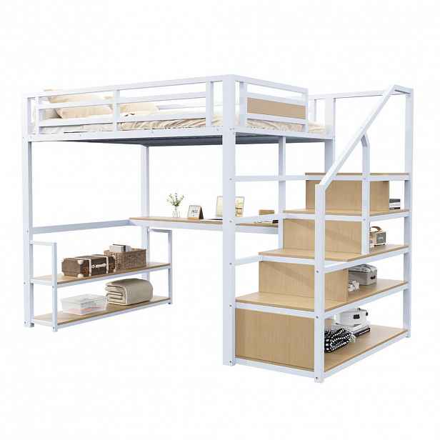 OKWISH VYSOKÁ postel 140/200 cm bílá s úložnými schody a stolem z kovu a MDF