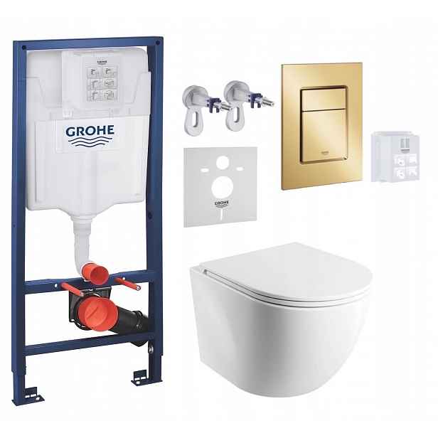 Wc stojan Grohe Rapid Sl s mísou Omnires Rimless a zlatým tlačítkem