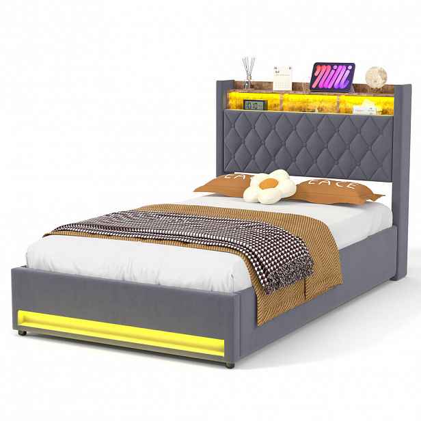OKWISH ČALOUNĚNÁ postel 140/190 cm šedá s LED lištou osvětlení a USB porty