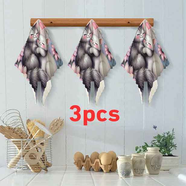 TEMU 3/6 ks Kuchyňské utěrky se vzory srdíček, květin, motýlů, koťátek, valentýnské , opakovaně použitelné čisticí utěrky, mikrovláknové drátěnky,