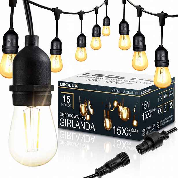 Zahradní Led girlanda světelná 15m 15xE27 1W žárovka